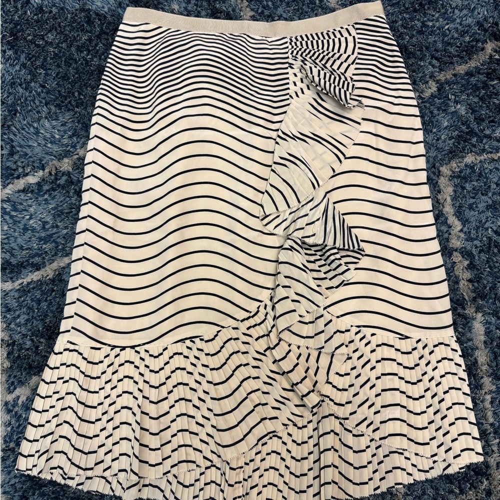 Tory Burch Silk Knee-Length Striped Ruffle Skirt - Black and Cream
